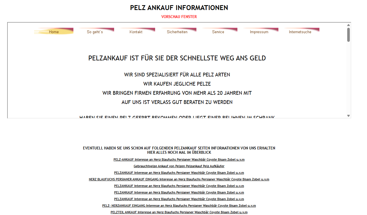 Screenshot einer frühen Version der Website pelzankauf.de im Webarchiv
