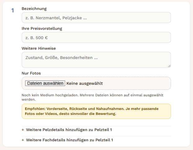 Pelz-Sofort-Marktpreis Anleitung Schritt 1: Pelzteil anlegen und Basisdaten erfassen