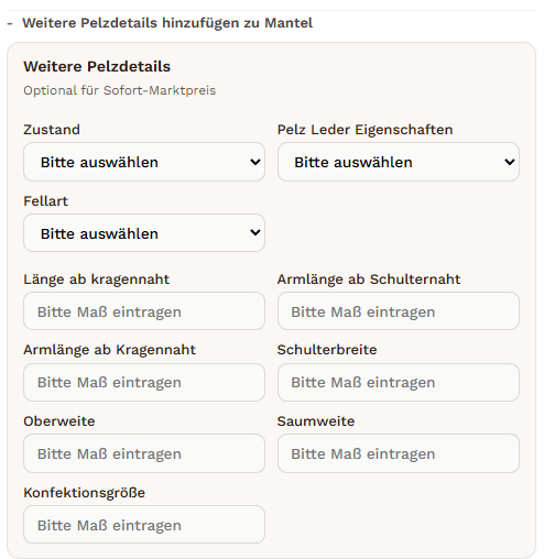 Pelz-Sofort-Marktpreis Anleitung Schritt 2: Zustand, Fellart und Maße ergänzen