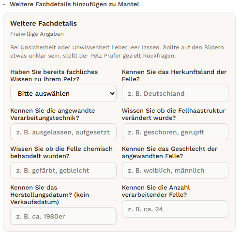 Pelz-Sofort-Marktpreis Anleitung Schritt 3: freiwillige Fachdaten eintragen