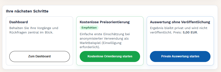 Pelz-Sofort-Marktpreis Anleitung Schritt 5: passenden nächsten Schritt auswählen